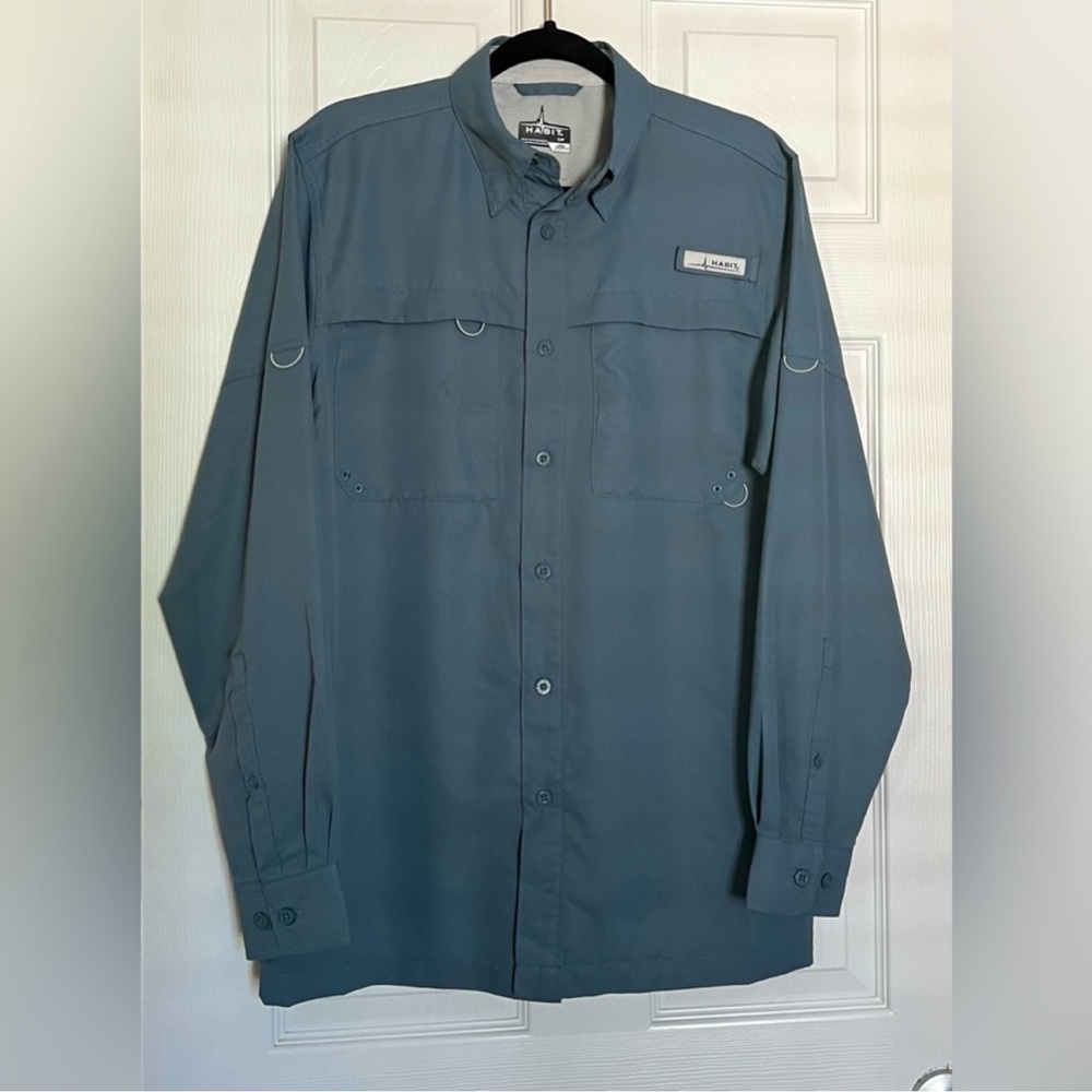 Habit River Guide Long Sleeve Blue Gray Fishing Shirt Sun Protection Mens Sz SM